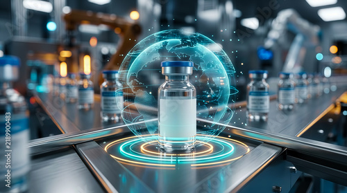 Global vaccine distribution concept on a pharmaceutical production line