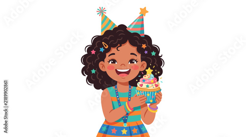 Canvas Print Joyful girl with birthday cupcake