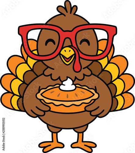 Cute thanksgiving turkey character wearing red glasses and holding a pumpkin pie with thanksgiving celebration character seasonal isolated