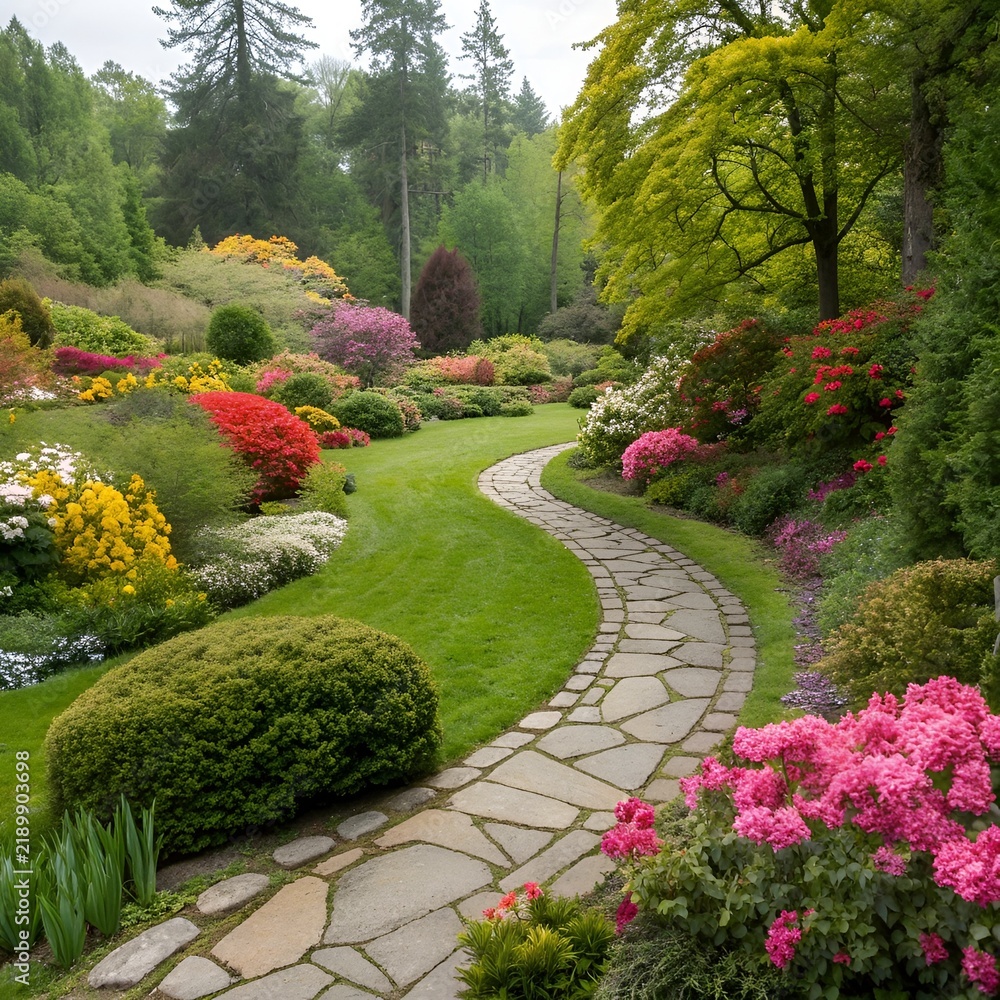 Obraz premium Winding stone path through vibrant blooming garden with lush green foliage and colorful flowers in daylight