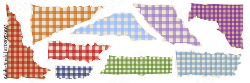 Torn paper banner set with colorful gingham plaid checkered pattern, ripped edge scrap strip collection, purple blue orange cottagecore vintage notebook tape, vector illustration for planner header