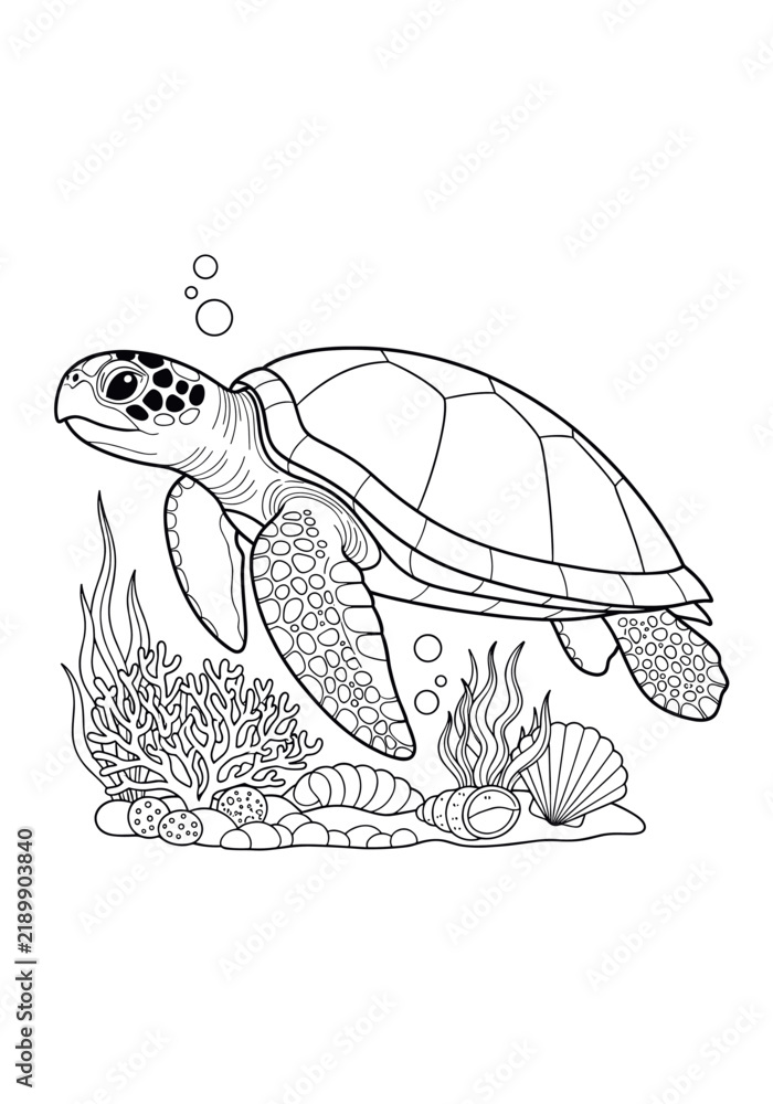 Fototapeta premium Sea turtle swimming over coral reef outline