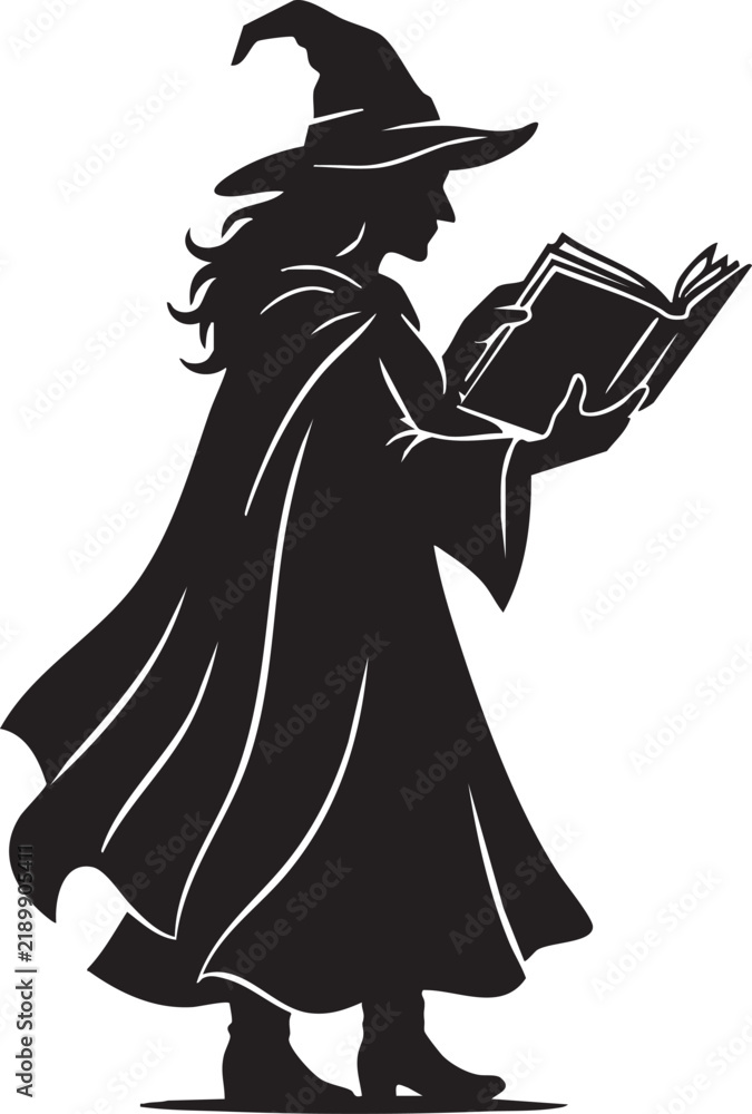 Obraz premium Witch Reading A Spellbook Halloween Silhouette