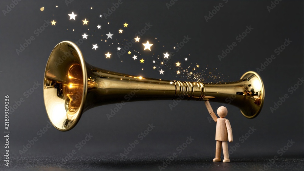 Obraz premium Tiny figure blows golden horn, scattering sparkling stars into the dark sky.