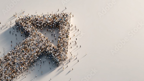 Arrow formed by crowd of people on white background demonstrating growth