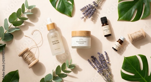 Natural Organic Cosmetics flat lay with Green Leaves