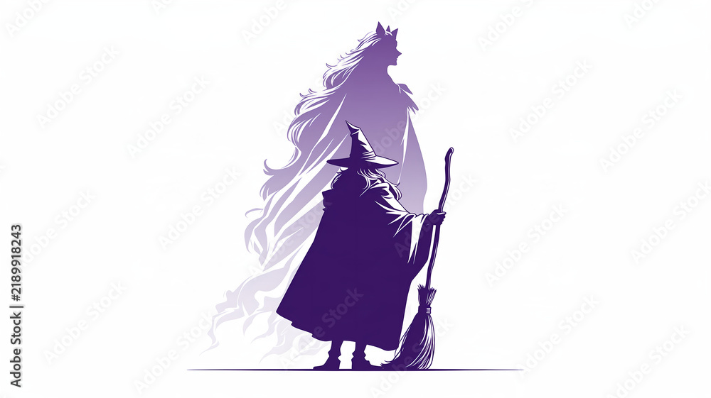 Obraz premium Silhouette of a young witch in a pointed hat and flowing cloak holding a broom beside a giant ethereal spirit with long hair against a purple background