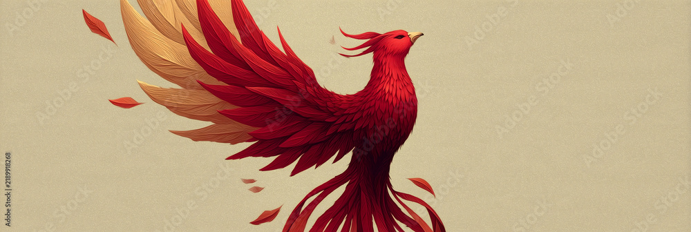 Fototapeta premium Crimson phoenix rising with red feathers, golden gradient wing tips and floating leaves on textured beige background symbolizing rebirth and mythical energy