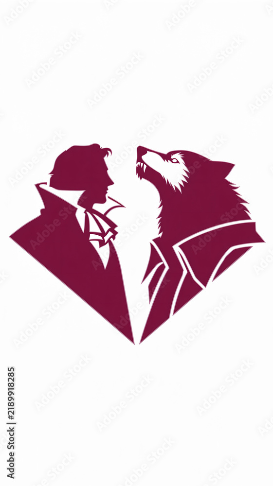 Obraz premium Split face silhouette of a Victorian gentleman and a snarling wolf head forming a heart emblem in deep burgundy and white for dark fantasy art