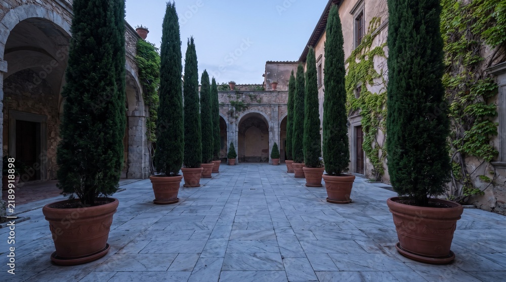 Fototapeta premium Italian courtyard with potted cypress trees and historic stone arches marble floor