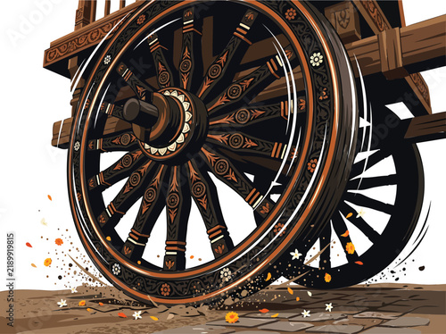 Ornate wooden cart wheel with floral carvings rolling on a cobblestone path