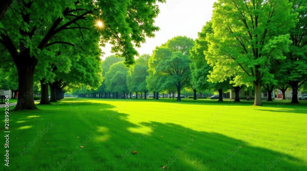 Obraz premium Serene Meadow Landscape with Lush Green Trees and Vibrant Sunlight