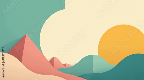 Abstract Pastel Landscape with Geometric Hills and a Setting Sun