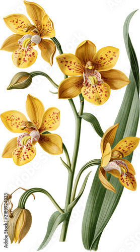 Speckled yellow orchid with a wilted bloom