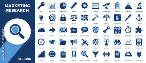 Fifty blue professional marketing research icons for data analysis and strategic planning business concept work