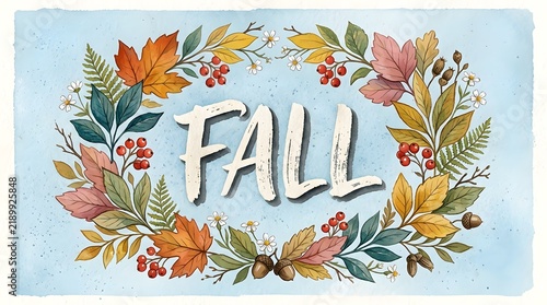 Watercolor fall wreath with typography autumn leaves berries and acorns illustration
