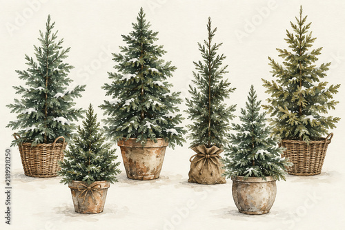 Watercolor Collection of Potted Evergreen Winter Trees
