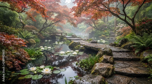 Autumn water garden with stone path and lotus flowers in misty forest setting with shallow depth of field
