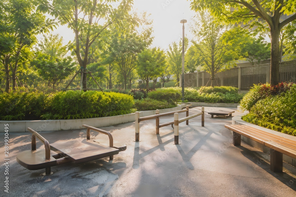 Obraz premium Elder outdoor activity zone with low climbing rails balance platforms resting benches and garden borders in warm sunshine