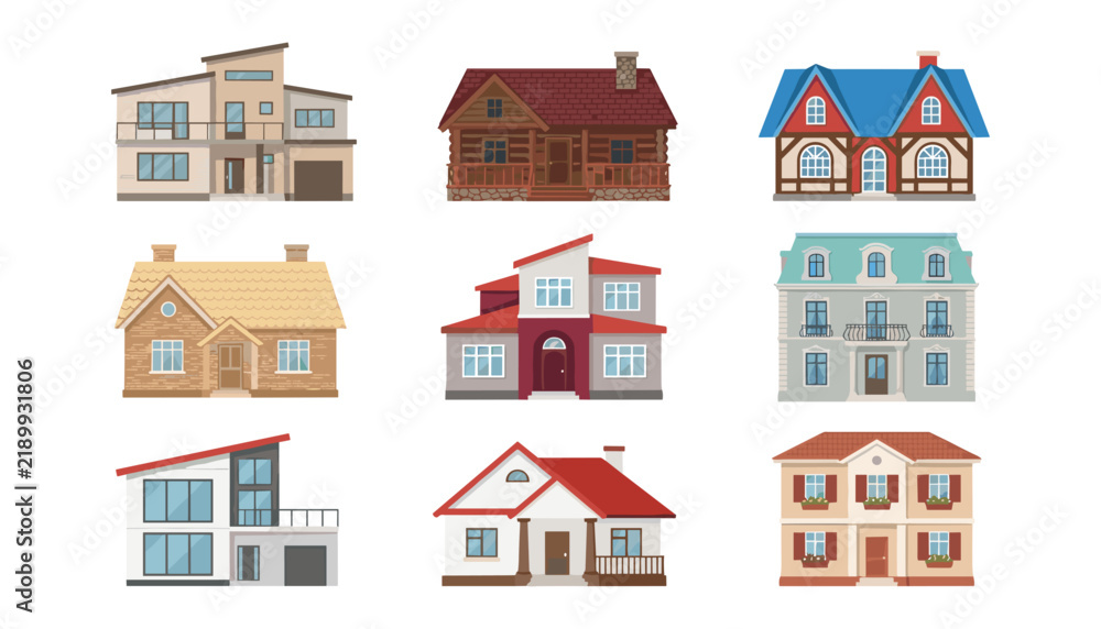 Fototapeta premium Residential house vector collection featuring diverse architectural building designs modern family villas log cabin cottage and city apartments facades.