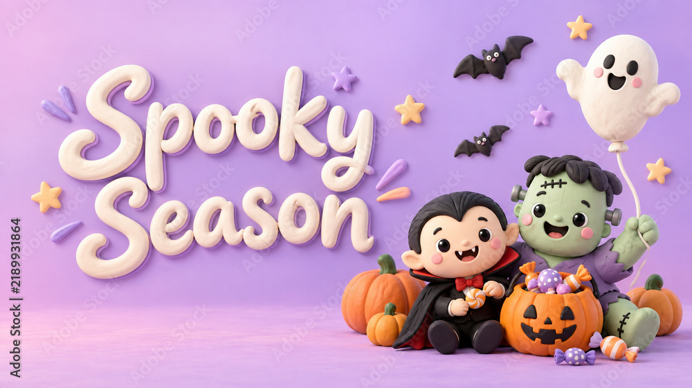 Fototapeta premium Cute Halloween Spooky Season 3D Illustration with Vampire, Frankenstein, and Ghost Characters