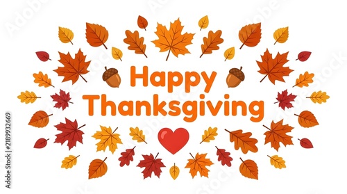 Festive thanksgiving greeting with autumn leaves acorns and a red heart illustration