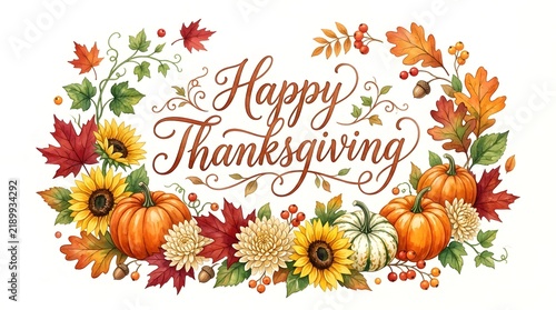 Watercolor thanksgiving arrangement with pumpkins sunflowers and autumn leaves festive holiday design
