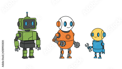 Three cartoon robots of different sizes and colors standing together on a white background.