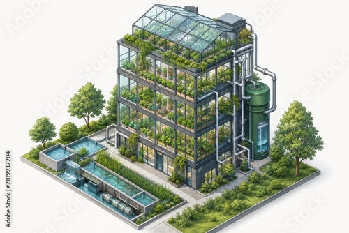 Isometric Illustration of a Greywater Recycling Greenhouse Tower