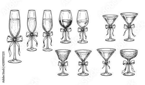 Hand Drawn Cocktail and Wine Glasses with Bows Wedding Celebration Vector Set