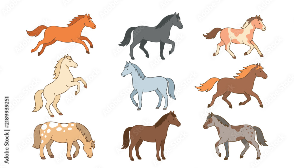 Obraz premium Beautiful horse vector set featuring cute handdrawn horses running trotting and rearing up in various breed color illustrations