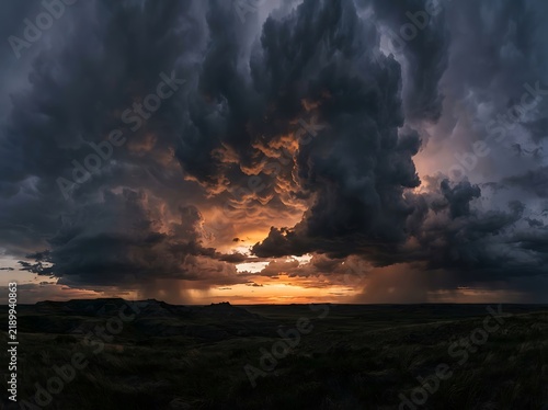 Dramatic sunset with dark storm clouds gathering over the horizon in a vast landscape.