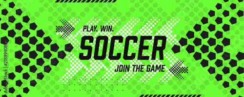 Dynamic green soccer sport banner with white arrows and black pentagon pattern background. Concept for football championship promotion.
