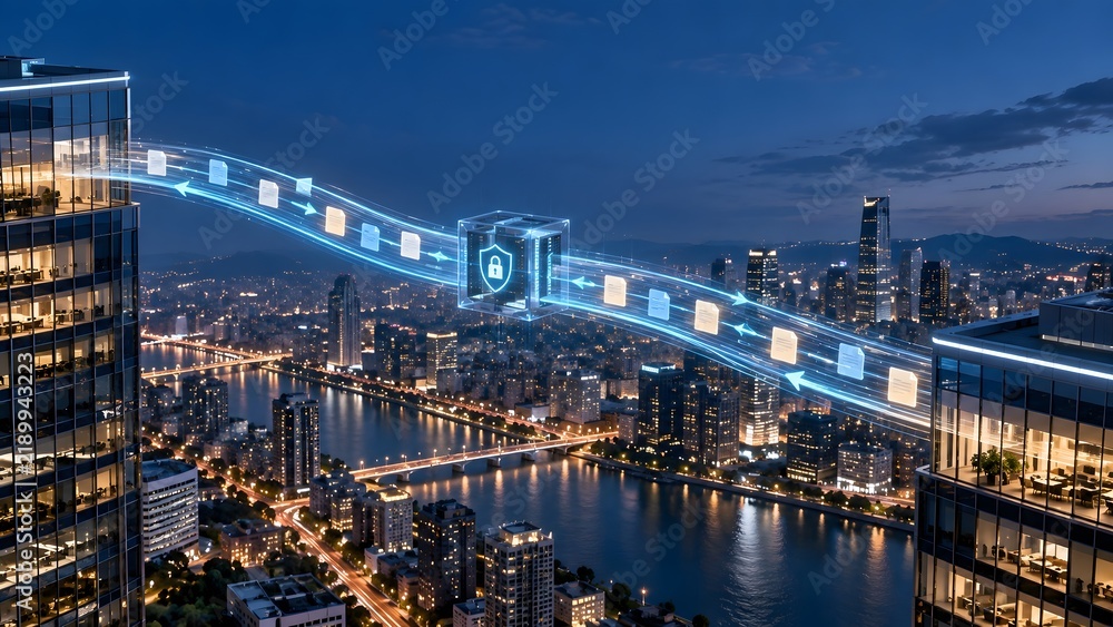 Fototapeta premium Secure document transfer pipeline connecting modern city skyscrapers illustrating corporate file sharing and urban business telecommunications.