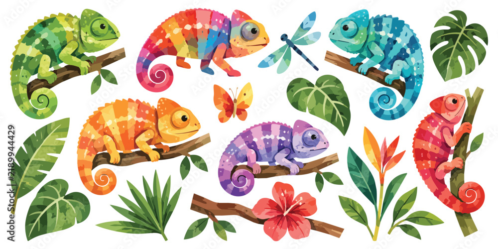 Obraz premium Watercolor Colorful Tropical Chameleons and Exotic Leaves Clipart Set Isolated on White Background