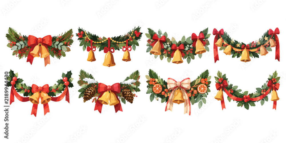 Fototapeta premium Watercolor Christmas Holly Swag and Bells Garlands Clipart Set Isolated on White Background