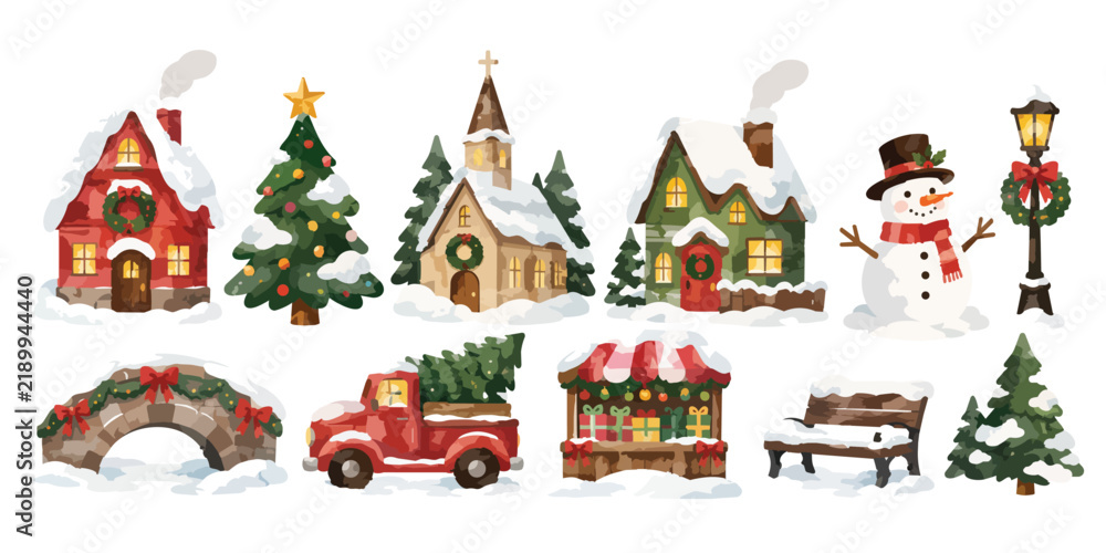 Fototapeta premium Watercolor Winter Christmas Village Town Clipart Set Isolated on White Background
