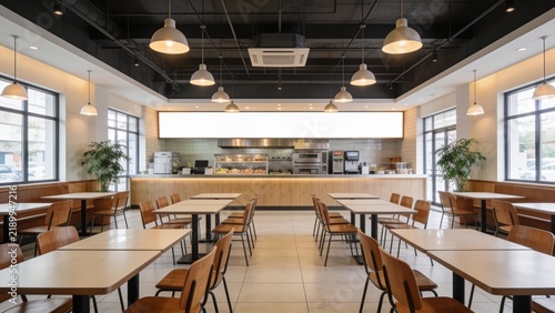 Modern Fast Casual Restaurant Interior with Symmetrical Dining Area and Service Counter
