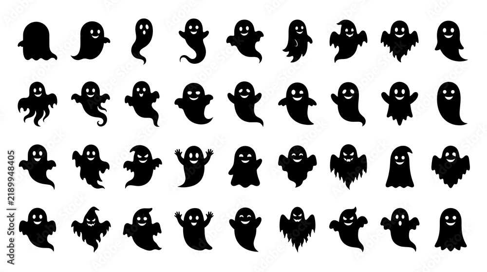 Fototapeta premium Set of 32 Black Silhouette Ghost Icons for Halloween Design