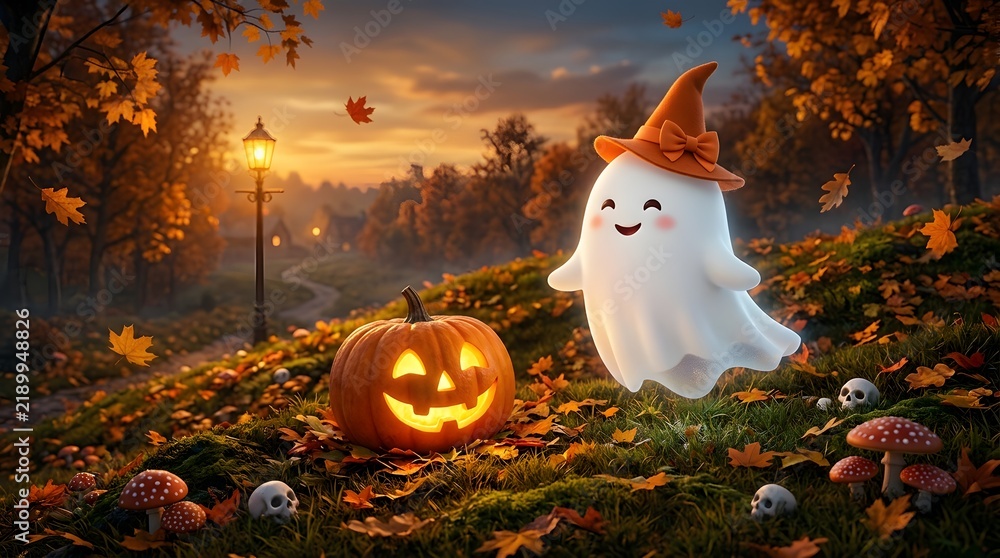 Obraz premium Cute Ghost and Jack-o'-Lantern in Autumn Forest with Falling Leaves