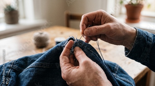 Close up of hands sewing a ripped denim jacket with needle and dark thread on a wooden table