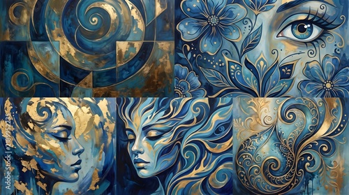 Blue and Gold Abstract Collage: A mesmerizing collage featuring abstract swirls, floral motifs, and portraits of women's faces in deep blue and shimmering gold hues.