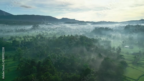 Mount Agung Volcano over Misty Bali Rice Fields Aerial View
