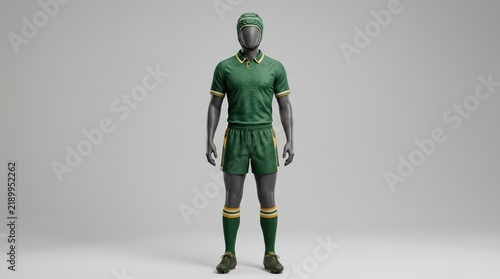Green and Gold Rugby Uniform Mockup on Mannequin, Full Kit Standing Pose