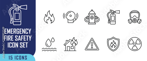 Emergency fire safety icon set, collection of thin line symbols for fire protection, prevention, and emergency response, vector illustration