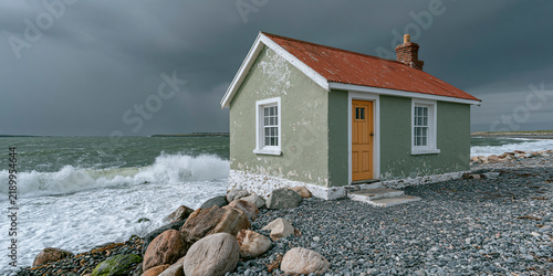 Weathered coastal cottage with yellow door standing on a rocky beach beside crashing waves under a stormy sky