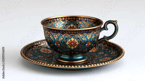 Ornate teal and gold porcelain teacup with saucer, featuring intricate floral pattern, isolated on white background