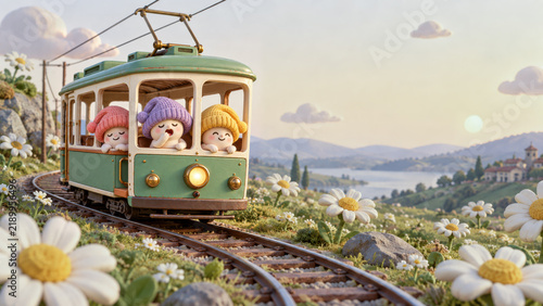 Three cute cartoon characters in colorful knitted hats ride a vintage green tram through a daisy-covered hillside overlooking a lake and distant village.