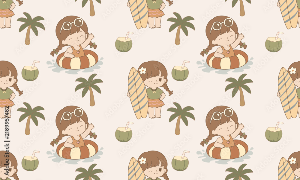 Obraz premium Little Swimmer Enjoying Tropical Beach Day with Coconut and Surfboard
