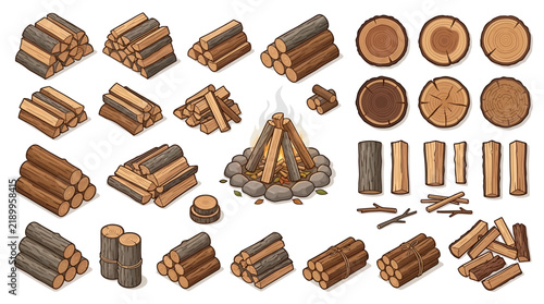 Set of various wooden logs stacks and a campfire illustration for design elements.